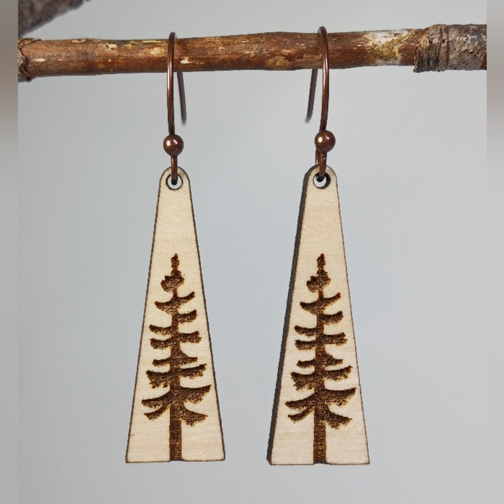 HAND CRAFTED Rustic Woodland Pine Tree Dangle Earrings - Picture 2 of 5
